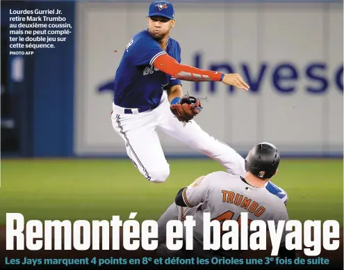  ?? PHOTO AFP ?? Lourdes Gurriel Jr. retire Mark Trumbo au deuxième coussin, mais ne peut compléter le double jeu sur cette séquence.