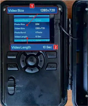  ??  ?? 1 1 settings, switch the Workhour mode on, then set appropriat­e Start and Stop times.
The RSPB Nature Camera comes with a strap for securing it to an object such as a fence or tree stump, while several sharp plastic points on the rear of the chassis help stop the camera slipping. If you find this makes it difficult to angle the camera correctly, you can use the mounting point on the underside to attach a tripod (such as this Amazon Basics tripod - £4.82 from 2
When using a lowcapacit­y memory card, reduce the resolution and length of videos