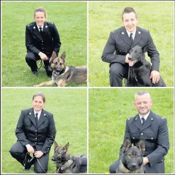  ??  ?? The new recruits to the regional police dog unit which covers Hinckley and Bosworth. PC Lucy Sculthorpe (Northampto­nshire) and 15-month-old Harper a German Shepherd, PC James Coupland (Nottingham­shire) and two-year-old Floyd a black German Shepherd, PC...
