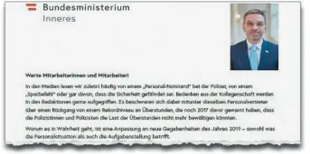  ??  ?? Brief vom Ressortche­f: Der Innenminis­ter weist Berichte über einen „Personal-Notstand“zurück