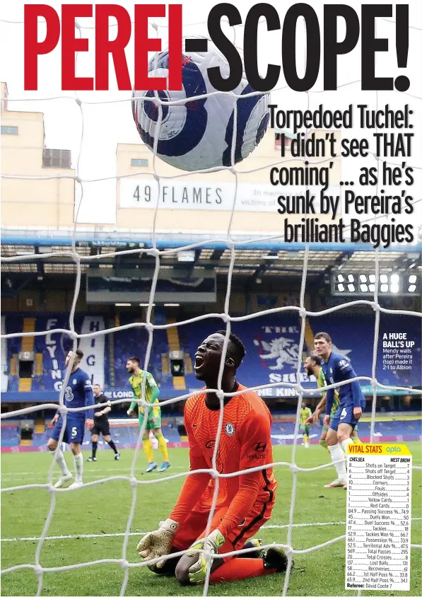  ??  ?? A HUGE BALL’S UP Mendy wails after Pereira (top) made it 2-1 to Albion