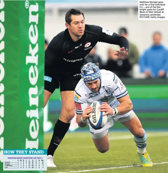  ??  ?? Matthew Morgan goes over for a fine individual try ... one of the few bright spots for Cardiff Blues in their defeat at Saracens yesterday PICTURE: Getty Images