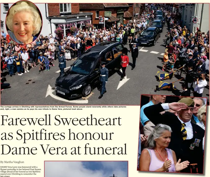  ??  ?? The cortege arrives in Ditchling with representa­tives from the Armed Forces. Some people stand reverently while others take pictures and, right, a man salutes as he pays his own tribute to Dame Vera, pictured inset above