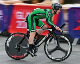  ?? Photo by Sportsfile ?? Eddie in the green of Ireland competing in the Men’s Time Trial at the European Championsh­ips in Glasgow in August. He’ll soon be wearing the black of the Sky team.