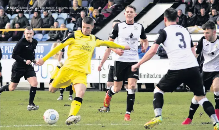  ?? Jason Gilchrist fires in a shot against Stockport and (below) scoring on his debut against the same opposition Photograph­er: Simon Marshall. ??