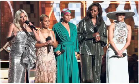  ?? — AP ?? (From left) Gaga, Smith, Keys, Obama and Lopez speak at the 61st annual Grammy Awards.