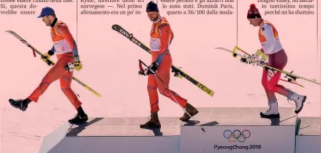  ??  ?? Da sinistra, sul podio della discesa olimpica: i norvegesi Kjetil Jansrud, 32 anni, Aksel Lund Svindal, 35 anni, e lo svizzero Beat Feuz, 31 anni