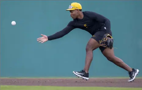  ?? Benjamin B. Braun/Post-Gazette ?? Pirate infielder Termarr Johnson partakes in drills at Pirate City during spring training on Feb. 17 in Bradenton, Fla.