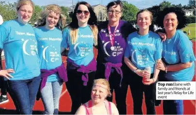  ??  ?? Top run Elaine with family and friends at last year’s Relay for Life event