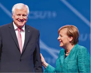  ?? Foto: Daniel Karmann, dpa ?? Beste Freunde? Bundeskanz­lerin Angela Merkel und Ministerpr­äsident Horst Seehofer erklärten am Freitag in Nürnberg deutlich, wie sehr sie sich doch über das Treffen auf dem Parteitag freuten.