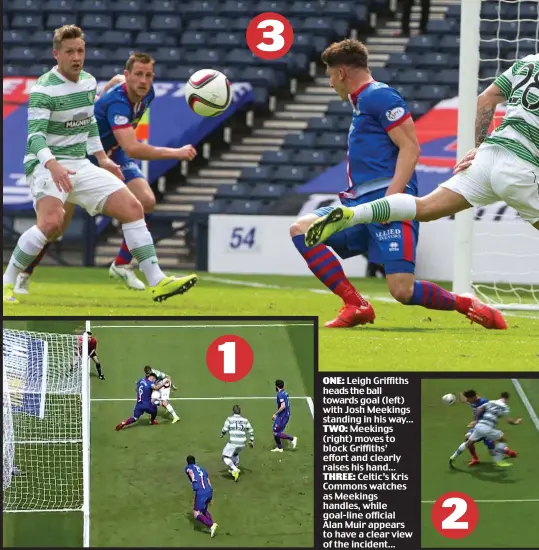  ??  ?? Leigh Griffiths heads the ball towards goal (left) with Josh Meekings standing in his way...
Meekings (right) moves to block Griffiths’ effort and clearly raises his hand...
Celtic’s Kris Commons watches as Meekings handles, while goal-line official...