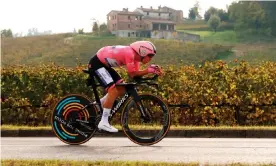  ?? Photograph: Luca Bettini/AFP/Getty Images ?? João Almeida in action during the time-trial.