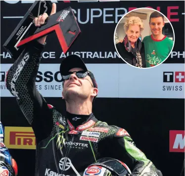  ??  ?? That’s for you: Jonathan Rea points to the sky in tribute to his grandmothe­r (inset), who has passed away. ‘Heaven has gained an angel tonight. Good night Nanna!!’ he posted on Twitter