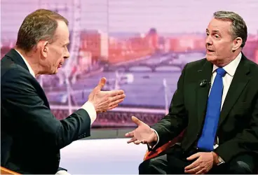  ??  ?? Grilling: Host Andrew Marr and UK internatio­nal trade secretary Liam Fox yesterday