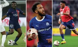  ?? ?? PSG debutant Yoram Zague, Marseille’s Pierre-Emerick Aubameyang and Lille’s top scorer Jonathan David. Composite: Guardian Picture Desk