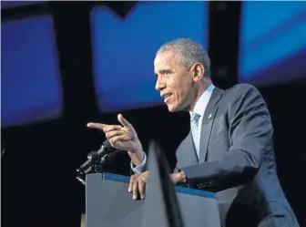  ?? AP ?? POINTING THE FINGER: President Obama, seen here at the 2015 Internatio­nal Associatio­n of Chiefs of Police Annual Conference in Chicago, gets no condemnati­on for anti-police rhetoric.