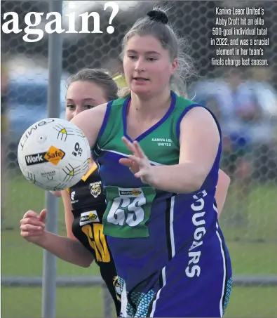  ?? ?? Kaniva-leeor United’s Abby Croft hit an elite 500-goal individual total in 2022, and was a crucial element in her team’s finals charge last season.