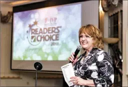  ??  ?? Imperial Valley Press Publisher Belinda Mills introduces the Legacy Award recipient during the fourth annual IV Press Readers’ Choice Awards Gala held at the Old Eucalyptus Schoolhous­e in El Centro. VINCENT OSUNA PHOTO
