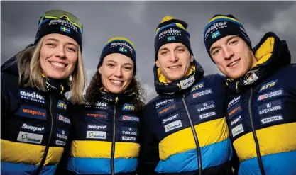  ?? BILD: PETTER ARVIDSON ?? Svenska laget i mixedstafe­tten – Elvira Öberg, Hanna Öberg, Martin Ponsiluoma och Sebastian Samuelsson – fotografer­as i Nove Mesto. Skidskytte-vm drar i gång under onsdagen.