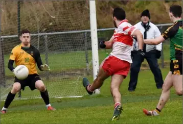  ??  ?? Conor Devitt goes for goal as Michael Glavey’s netminder Darren O’Malley watches closely.