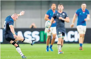  ?? Picture: . ?? Stuart Hogg kicking the drop goal against Samoa that proved to be his highlight of the 2019 World Cup.