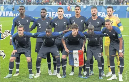  ??  ?? France’s expected starting line-up, back row from left, Paul Pogba, Samuel Umtiti, Lucas Hernandez, Raphael Varane, Olivier Giroud and Hugo Lloris; front row from left, Antoine Griezmann, Blaise Matuidi, Benjamin Pavard, N’Golo Kante and Kylian Mbappe.