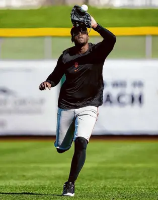  ?? Courtesy of Andy Kuno/San Francisco Giants via Getty Images ?? Soler, who played just 72 games two years ago with the Marlins, should have fewer health issues playing on the grass surface at Oracle Park.