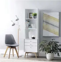  ??  ?? A tall piece of furniture like this can fit into even a narrow space without taking up much room, but still offers plenty of storage. Painted white, with blonde wood legs, it has a lightness that goes well with the Nordic style chair and lamp in this...