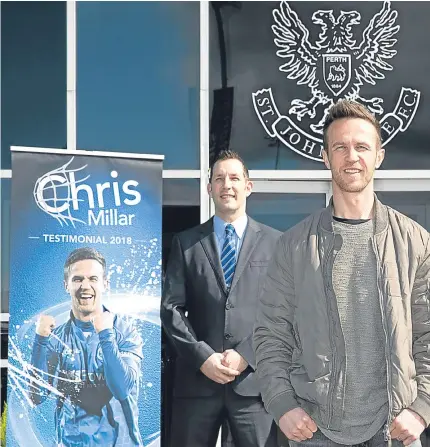  ?? Pictures: Graeme Hart/ SNS Group. ?? Above: Chris Millar at the launch of his testimonia­l year with Mark Longden of sponsors MKN and Matt Henderson, chairman of the testimonia­l committee; and Millar with the Scottish Cup, which he helped Saints win against Dundee United at Celtic Park in 2014.