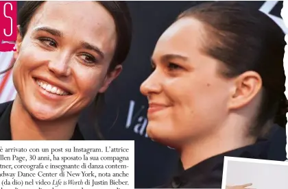  ??  ?? L’attrice canadese Ellen Page (30 anni) con la neo-moglie Emma Portner (23). Sotto, da Instagram, lo scatto con cui hanno annunciato di essersi sposate e un ritratto della coppia.