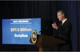  ?? RICH PEDRONCELL­I — THE ASSOCIATED PRESS ?? California Gov. Gavin Newsom unveils his 2022-2023state budget revision during a news conference in Sacramento Friday. Some of the state's record $97.5billion surplus will be given back to taxpayers including gas relief payments to vehicle owners, Newsom said.