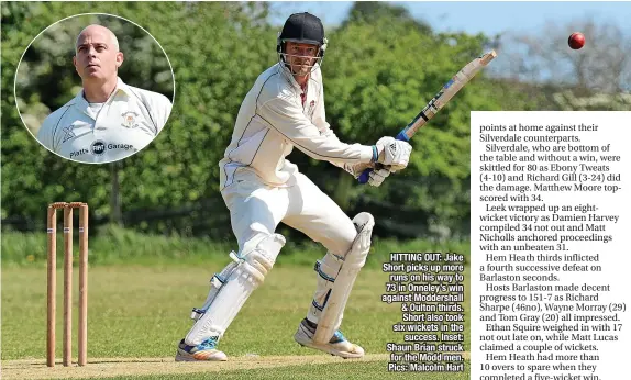  ?? ?? HITTING OUT: Jake Short picks up more runs on his way to 73 in Onneley’s win against Moddershal­l & Oulton thirds. Short also took six wickets in the success. Inset: Shaun Brian struck for the Modd men. Pics: Malcolm Hart