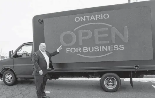  ?? CP PHOTO ?? Doug Ford on the campaign trail in May 2018, promising to “open” Ontario for business. His Bill 47 does nothing of the sort.