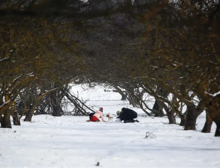  ??  ?? A family plays at the snow covered Sygrou park in northern Athens, yesterday. A cold weather front has hit Greece, sending temperatur­es plunging from the low 20s degrees Celsius (around 70 Fahrenheit) on Friday to well below freezing yesterday, and seeing snowfall in central Athens. Photo: AP