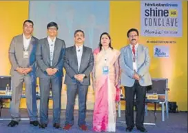  ?? HT ?? From left: Ravi Pratap Singh, branch head, Shine.com; Harsh Bhosale, chief people officer, Essar Oil; Prem Singh, president, global HR, Wockhardt; Shanta Vallury Gandhi, head, HR, CSR and internal branding, RBL Bank; JM Prasad, group head, HR, Kotak...