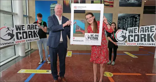  ?? Photo Jim Coughlan. ?? Eoin Twohig, 109th Ballinora Cork Scout Group; Mick Finn, Youth Officer Cork ETB; Gillian Beasley, Youth Services Cork ETB and Caoimhe Murphy, 109th Ballinora Cork Scout Group at the “We Are Cork Youth Challenge” launch at Cork County Hall.