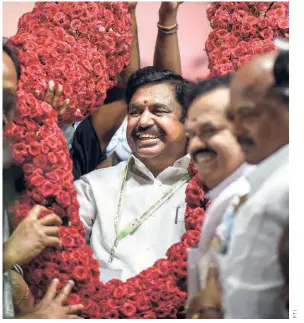  ?? ?? AIADMK leader Edappadi K. Palaniswam­i with his supporters after being elected the party’s interim general secretary, in Chennai on July 11, 2022.