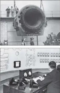  ?? PICTURES: GETTY IMAGES ?? POWER TO THE PEOPLE: From top, workers hoisting an insulator to the top of an electricit­y pylon being built to connect the East Anglian towns of Yarmouth, King’s Lynn and Ipswich, circa 1935; Staff at work in the control room of Fulham Power Station in 1936; a 51-ton stator arrives in London from Birmingham, en route to the LMS power station at Stonebridg­e Park, Wembley in 1933; the National Grid Control Centre at Paternoste­r Square in London in 1950.