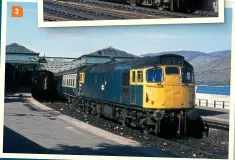  ?? ?? 3: 27035 retains its four-character headcode panels as it prepares for departure from Fort William, bound for Glasgow, in May 1975. The headcode panels were later replaced by a pair of marker lights. COLOUR RAIL