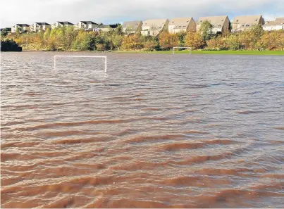  ?? Picture: Kris Miller. ?? Flooded football pitches at Hercules Den, Arbroath, one of the areas a new flood prevention scheme is aiming to protect.