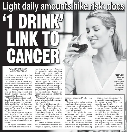  ??  ?? ‘TIP’-SY: New research warns people to cut back on alcohol consumptio­n.