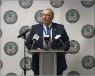  ?? LIVESTREAM SCREENSHOT ?? Madison County Chairman John Becker speaking at a press conference on May 8 regarding COVID-19