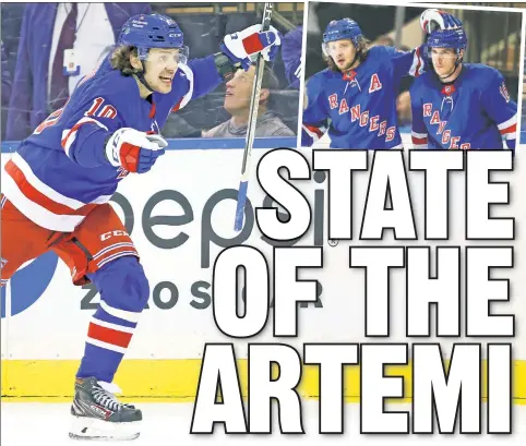  ?? N.Y. Post: Charles Wenzelberg; Robert Sabo ?? LIKE BREAD & BUTTER: Rangers star Artemi Panarin celebrates as his line, with Ryan Strome and Barclay Goodrow, scored the game-tying goal Monday, and he’s also celebratin­g being back on a line with Strome (inset) again.