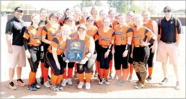  ?? MARK HUMPHREY ENTERPRISE-LEADER ?? The Gravette softball team poses with its championsh­ip trophy. The Lady Lions won 5-0 over Pea Ridge in the District 4A-1 softball championsh­ip at Lincoln on Saturday.