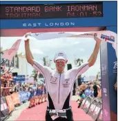  ??  ?? HOT FAVOURITE: Matt Trautman takes victory in the East London Ironman earlie r this year. That, and an impressive win in the Ironman Staffordsh­ire race in the UK recently, makes Trautman the man to watch in tomorrow’s Standard Bank Ironman Durban.