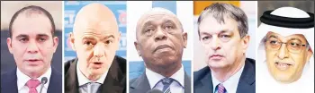  ??  ?? The combo of file photos shows (from left), Jordan’s Prince Ali, UEFA Secretary General Gianni Infantino, South African businessma­n Tokyo Sexwale, former FIFA official Jerome Champagne and Asia’s soccer leader Sheikh Salman of Bahrain are the five declared candidates that FIFA announced on Nov 12, 2015 for the Feb 26 election. (AP)
