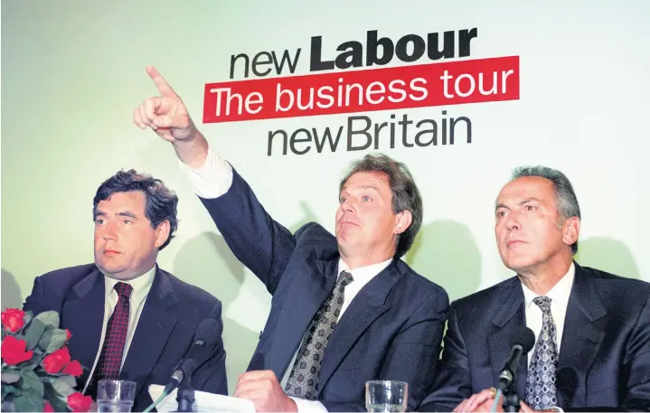  ?? ?? Flanked by Gordon Brown and future Cabinet minister Jack Cunningham, then Labour leader Tony Blair takes a question at the launch of ‘New Labour, New Britain, the Business Tour’ at the Institutio­n of Civil Engineers in London in 1997