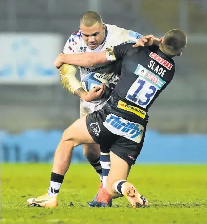  ?? Picture: Alex James/JMP ?? Bristol’s Kyle Sinckler tries to get past Exeter’s Henry Slade in last Saturday’s game