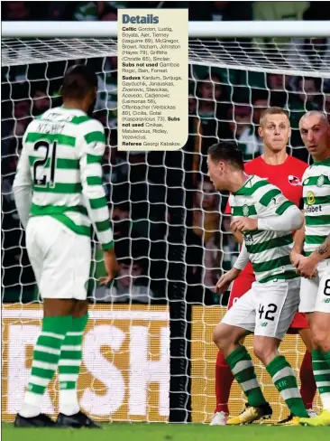  ??  ?? Leigh Griffiths’ trademark free-kick loops up and over the wall to give Celtic the lead, before Callum McGregor added a second and Kristoffer Ajer opened his Parkhead account (below)