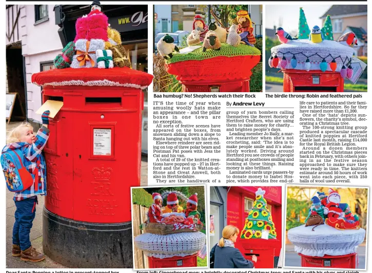  ??  ?? Dear Santa: Popping a letter in present-topped box Baa humbug? No! Shepherds watch their flock From left: Gingerbrea­d men; a brightly decorated Christmas tree; and Santa with his elves and sleigh